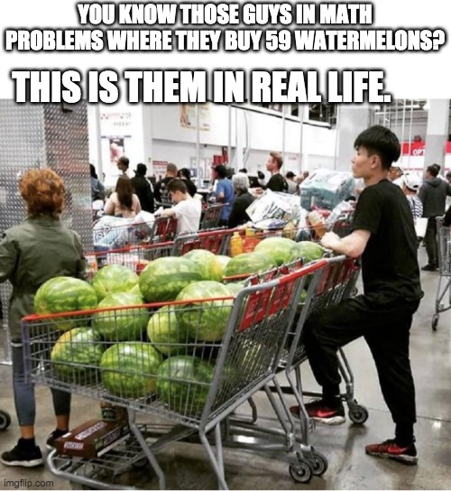 If bob bought 89 watermelons and Karen stole 30 watermelons, how many are left? | YOU KNOW THOSE GUYS IN MATH PROBLEMS WHERE THEY BUY 59 WATERMELONS? THIS IS THEM IN REAL LIFE. | image tagged in funny,meme,math,watermelons | made w/ Imgflip meme maker