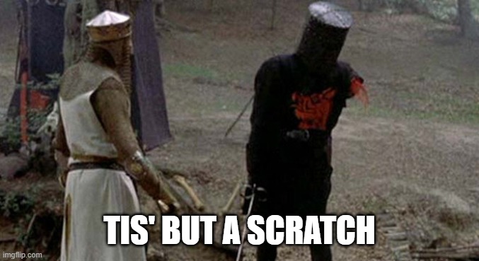 Tis but a scratch | TIS' BUT A SCRATCH | image tagged in tis but a scratch | made w/ Imgflip meme maker