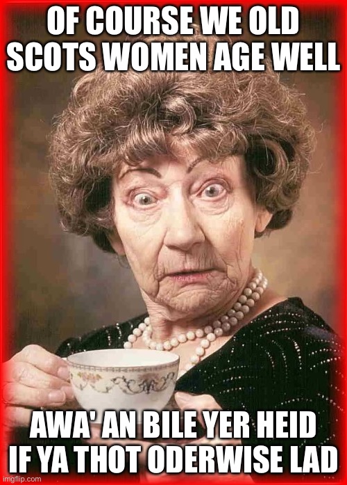 Old Scottish women | OF COURSE WE OLD SCOTS WOMEN AGE WELL; AWA' AN BILE YER HEID IF YA THOT ODERWISE LAD | image tagged in old lady tea,scottish,age well,beauty,memes | made w/ Imgflip meme maker