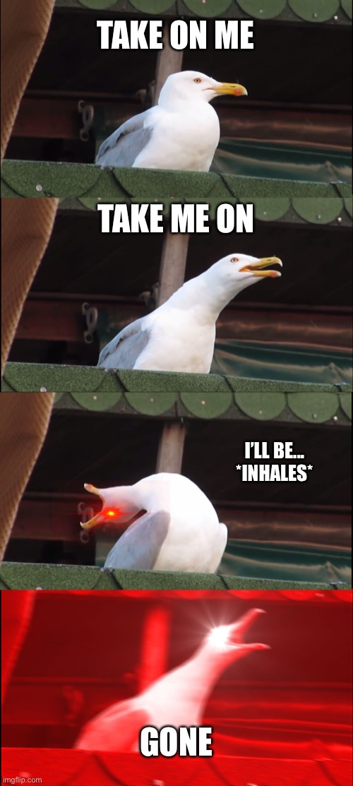 Take on me | TAKE ON ME; TAKE ME ON; I’LL BE... *INHALES*; GONE | image tagged in memes,inhaling seagull | made w/ Imgflip meme maker
