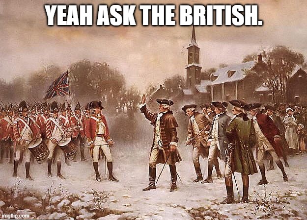 Redcoats vs Patriots | YEAH ASK THE BRITISH. | image tagged in redcoats vs patriots | made w/ Imgflip meme maker