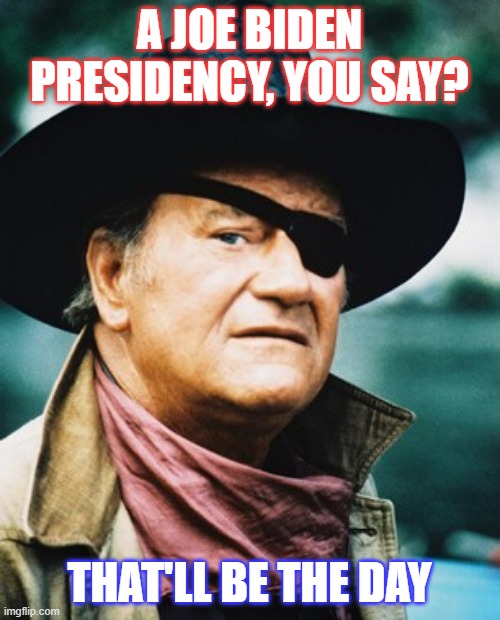 John Wayne  | A JOE BIDEN PRESIDENCY, YOU SAY? THAT'LL BE THE DAY | image tagged in john wayne | made w/ Imgflip meme maker