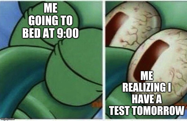 Squidward | ME GOING TO BED AT 9:00; ME REALIZING I HAVE A TEST TOMORROW | image tagged in squidward | made w/ Imgflip meme maker