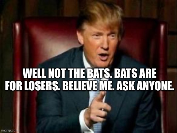 Donald Trump | WELL NOT THE BATS. BATS ARE FOR LOSERS. BELIEVE ME. ASK ANYONE. | image tagged in donald trump | made w/ Imgflip meme maker