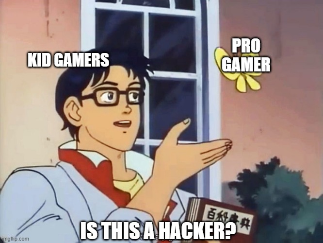 hackers | PRO GAMER; KID GAMERS; IS THIS A HACKER? | image tagged in anime butterfly meme | made w/ Imgflip meme maker