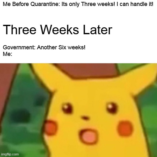 Surprised Pikachu Meme | Me Before Quarantine: Its only Three weeks! I can handle it! Three Weeks Later; Government: Another Six weeks!

Me: | image tagged in memes,surprised pikachu | made w/ Imgflip meme maker