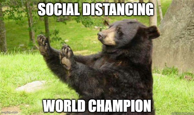 How about no bear | SOCIAL DISTANCING; WORLD CHAMPION | image tagged in how about no bear,social distancing,joke | made w/ Imgflip meme maker