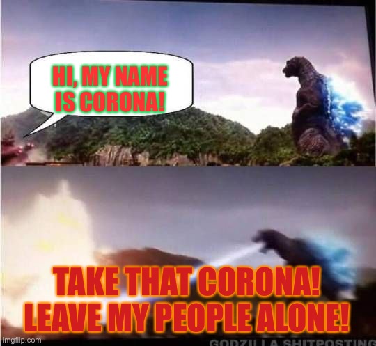 Godzilla Meets the Coronavirus! | HI, MY NAME IS CORONA! TAKE THAT CORONA! LEAVE MY PEOPLE ALONE! | image tagged in coronavirus,covid-19,godzilla | made w/ Imgflip meme maker