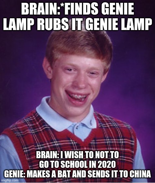 its brains fault | BRAIN:*FINDS GENIE LAMP RUBS IT GENIE LAMP; BRAIN: I WISH TO NOT TO GO TO SCHOOL IN 2020
GENIE: MAKES A BAT AND SENDS IT TO CHINA | image tagged in memes,bad luck brian | made w/ Imgflip meme maker