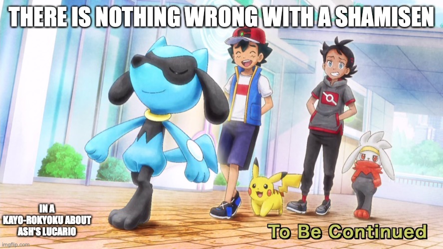 Ash With Riolu | THERE IS NOTHING WRONG WITH A SHAMISEN; IN A KAYO-ROKYOKU ABOUT ASH'S LUCARIO | image tagged in riolu,lucario,ash ketchum,memes,pokemon | made w/ Imgflip meme maker