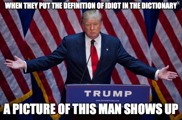 The biggest idiot in the world! | WHEN THEY PUT THE DEFINITION OF IDIOT IN THE DICTIONARY; A PICTURE OF THIS MAN SHOWS UP | image tagged in donald trump,memes,idiot,donald trump is an idiot,dictionary | made w/ Imgflip meme maker