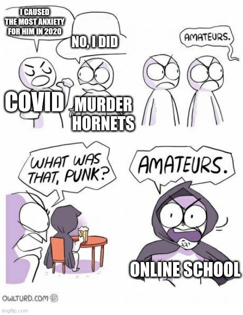 Amateurs | I CAUSED THE MOST ANXIETY FOR HIM IN 2020; NO, I DID; COVID; MURDER HORNETS; ONLINE SCHOOL | image tagged in amateurs | made w/ Imgflip meme maker