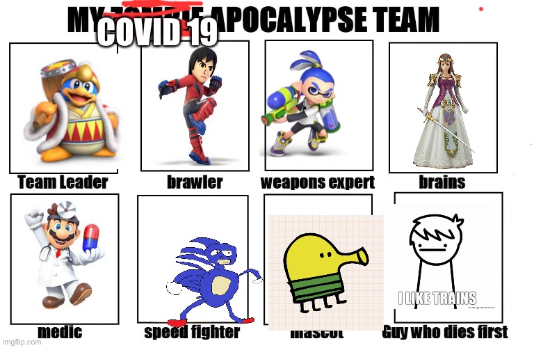My Zombie Apocalypse Team | COVID 19 | image tagged in my zombie apocalypse team,nintendo,sanic,video games,haha | made w/ Imgflip meme maker