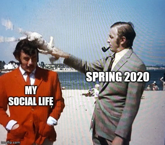 Spring of 2020 vs my social life | SPRING 2020; MY SOCIAL LIFE | image tagged in gray hits michael with a dead chicken,2020,covid-19 | made w/ Imgflip meme maker