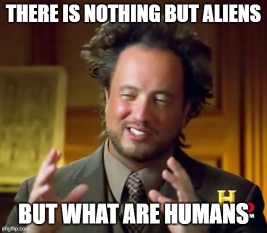 Ancient Aliens Meme | THERE IS NOTHING BUT ALIENS; BUT WHAT ARE HUMANS | image tagged in memes,ancient aliens | made w/ Imgflip meme maker