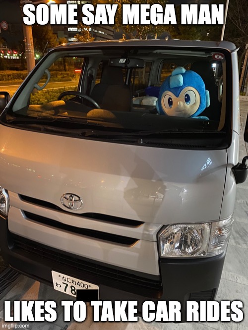 Mega Man Plush in a Minivan | SOME SAY MEGA MAN; LIKES TO TAKE CAR RIDES | image tagged in car,megaman,plush,memes | made w/ Imgflip meme maker