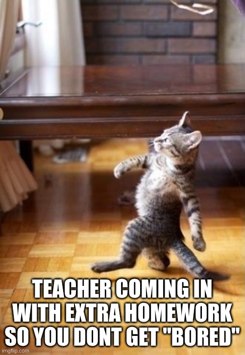 Cool Cat Stroll Meme | TEACHER COMING IN WITH EXTRA HOMEWORK SO YOU DONT GET "BORED" | image tagged in memes,cool cat stroll | made w/ Imgflip meme maker