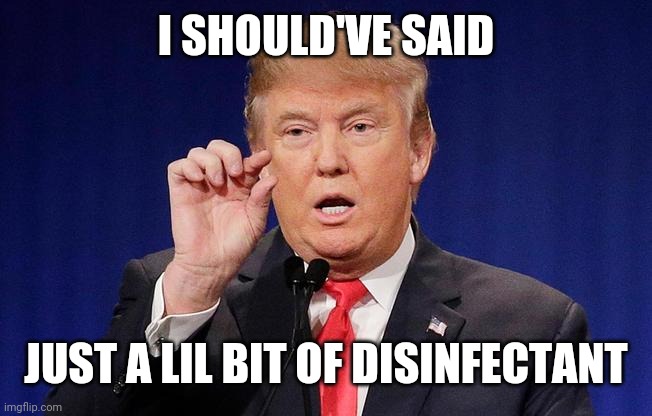 Trump Small Fingers | I SHOULD'VE SAID; JUST A LIL BIT OF DISINFECTANT | image tagged in trump small fingers | made w/ Imgflip meme maker