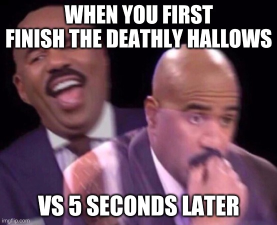 So sad after 5 seconds... | WHEN YOU FIRST FINISH THE DEATHLY HALLOWS; VS 5 SECONDS LATER | image tagged in steve harvey laughing serious | made w/ Imgflip meme maker