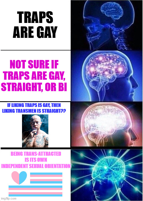 Expanding Brain Meme | TRAPS ARE GAY; NOT SURE IF TRAPS ARE GAY, STRAIGHT, OR BI; IF LIKING TRAPS IS GAY, THEN LIKING TRANSMEN IS STRAIGHT?? BEING TRANS-ATTRACTED IS ITS OWN INDEPENDENT SEXUAL ORIENTATION | image tagged in memes,expanding brain,transgender,traps,sexuality,independent | made w/ Imgflip meme maker