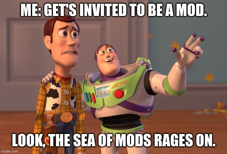 X, X Everywhere | ME: GET'S INVITED TO BE A MOD. LOOK, THE SEA OF MODS RAGES ON. | image tagged in memes,x x everywhere | made w/ Imgflip meme maker