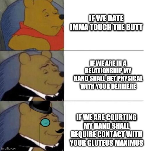 Tuxedo Winnie the Pooh (3 panel) | IF WE DATE IMMA TOUCH THE BUTT; IF WE ARE IN A RELATIONSHIP MY HAND SHALL GET PHYSICAL WITH YOUR DERRIERE; IF WE ARE COURTING MY HAND SHALL REQUIRE CONTACT WITH YOUR GLUTEUS MAXIMUS | image tagged in tuxedo winnie the pooh 3 panel,dating,relationships,couples | made w/ Imgflip meme maker