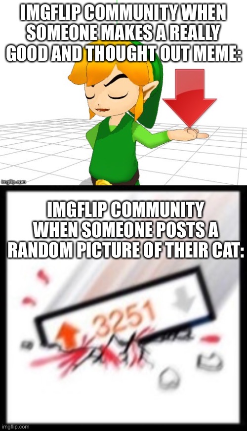 This Is True | IMGFLIP COMMUNITY WHEN SOMEONE MAKES A REALLY GOOD AND THOUGHT OUT MEME:; IMGFLIP COMMUNITY WHEN SOMEONE POSTS A RANDOM PICTURE OF THEIR CAT: | image tagged in 3251 upvotes,link downvote | made w/ Imgflip meme maker