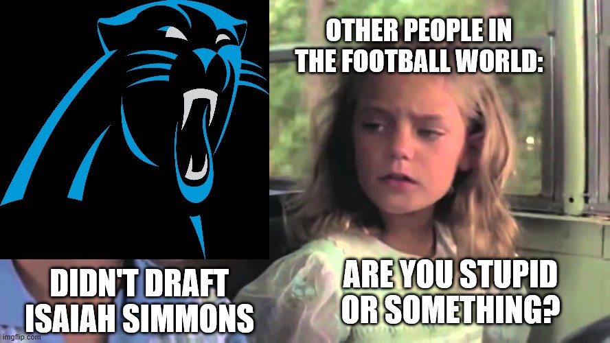 Are you stupid or something | OTHER PEOPLE IN THE FOOTBALL WORLD:; ARE YOU STUPID OR SOMETHING? DIDN'T DRAFT ISAIAH SIMMONS | image tagged in are you stupid or something,nfl football,draft,carolina panthers,cardinals | made w/ Imgflip meme maker
