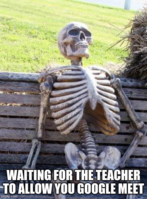 just a meme | WAITING FOR THE TEACHER TO ALLOW YOU GOOGLE MEET | image tagged in memes,waiting skeleton | made w/ Imgflip meme maker