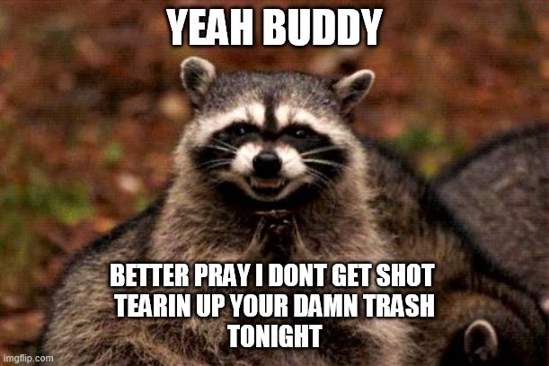 Evil Plotting Raccoon | YEAH BUDDY; BETTER PRAY I DONT GET SHOT 
TEARIN UP YOUR DAMN TRASH
TONIGHT | image tagged in memes,evil plotting raccoon | made w/ Imgflip meme maker