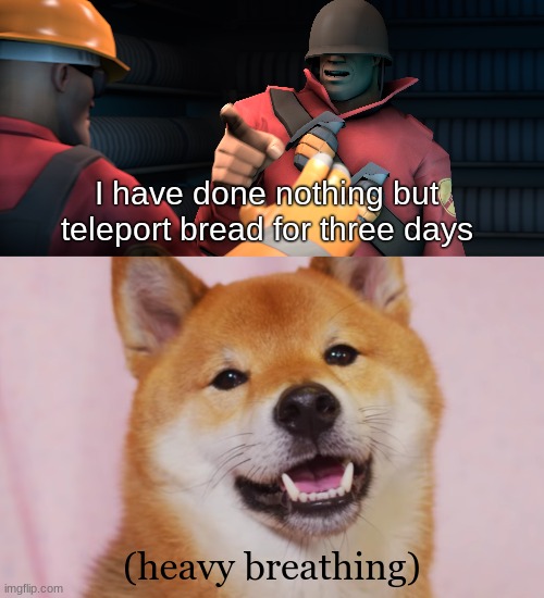 A good use for teleportation | I have done nothing but teleport bread for three days; (heavy breathing) | image tagged in bread,teleport,tf2,team fortress 2,tofu chan | made w/ Imgflip meme maker