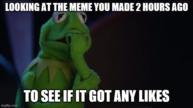 Kermit worried face | LOOKING AT THE MEME YOU MADE 2 HOURS AGO; TO SEE IF IT GOT ANY LIKES | image tagged in kermit worried face | made w/ Imgflip meme maker