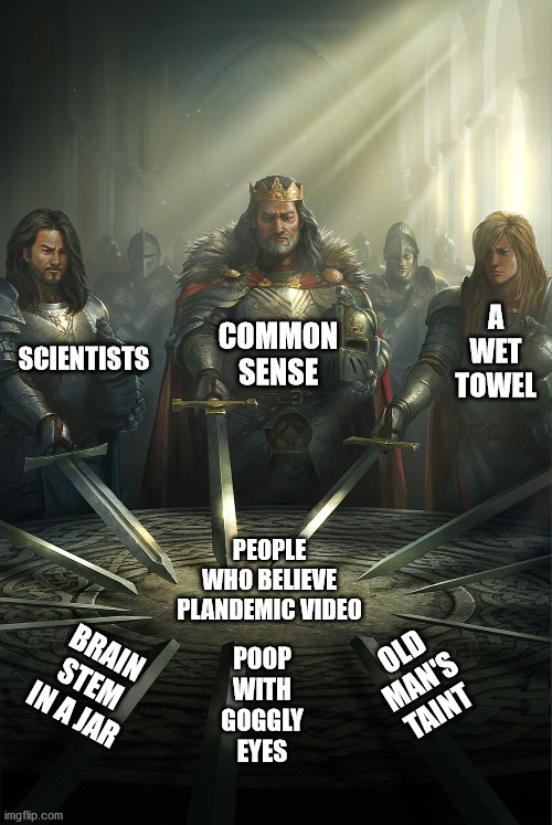 Knights United Against Plandemic Video | A WET TOWEL; SCIENTISTS; COMMON SENSE; PEOPLE WHO BELIEVE PLANDEMIC VIDEO; BRAIN STEM IN A JAR; OLD MAN'S TAINT; POOP WITH GOGGLY EYES | image tagged in swords united | made w/ Imgflip meme maker