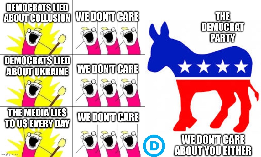 A balanced Relationship | THE DEMOCRAT PARTY; DEMOCRATS LIED ABOUT COLLUSION; WE DON'T CARE; DEMOCRATS LIED ABOUT UKRAINE; WE DON'T CARE; THE MEDIA LIES TO US EVERY DAY; WE DON'T CARE; WE DON'T CARE ABOUT YOU EITHER | image tagged in memes,what do we want 3,democrat donkey | made w/ Imgflip meme maker