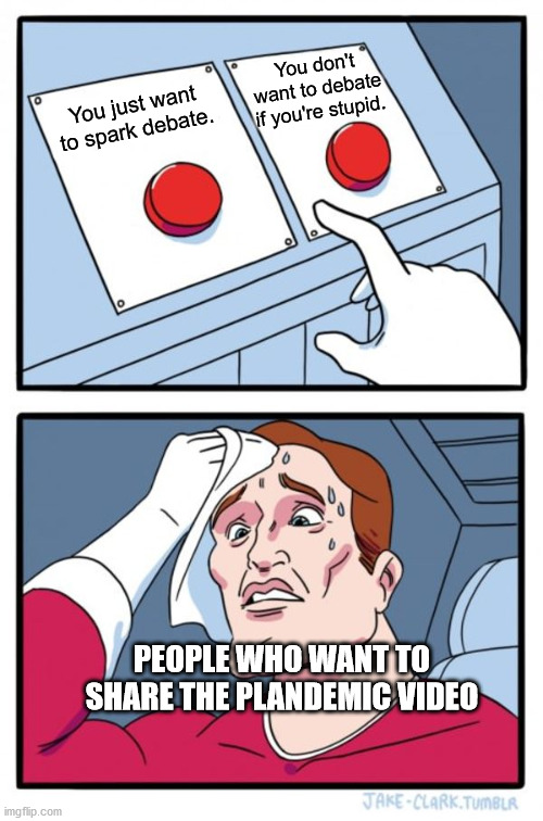 2 buttons Plandemic stupid debate | You don't want to debate if you're stupid. You just want to spark debate. PEOPLE WHO WANT TO SHARE THE PLANDEMIC VIDEO | image tagged in memes,two buttons | made w/ Imgflip meme maker