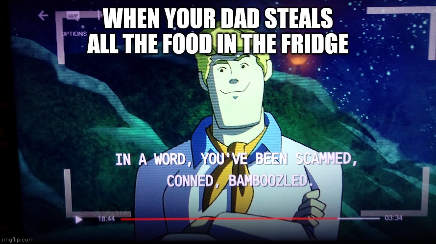 Fred Jones Scooby Doo Mystery Incorporated | WHEN YOUR DAD STEALS ALL THE FOOD IN THE FRIDGE | image tagged in fred jones scooby doo mystery incorporated | made w/ Imgflip meme maker