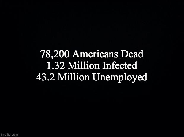 Black background | 78,200 Americans Dead
1.32 Million Infected
43.2 Million Unemployed | image tagged in black background | made w/ Imgflip meme maker