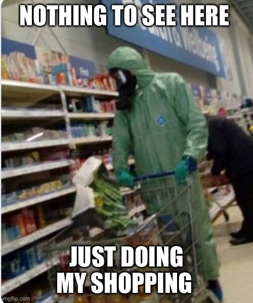 The new normal | NOTHING TO SEE HERE; JUST DOING MY SHOPPING | image tagged in hazmat,coronavirus,corona virus,ending lockdown,captain obvious | made w/ Imgflip meme maker