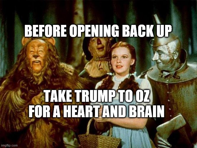 Wizard of oz | BEFORE OPENING BACK UP; TAKE TRUMP TO OZ FOR A HEART AND BRAIN | image tagged in wizard of oz | made w/ Imgflip meme maker