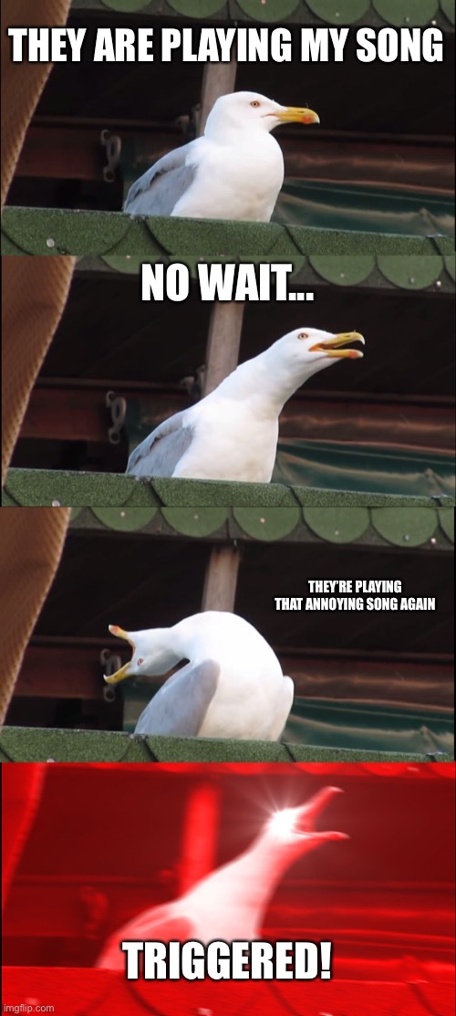 Triggered Seagull |  THEY ARE PLAYING MY SONG; NO WAIT... THEY’RE PLAYING THAT ANNOYING SONG AGAIN; TRIGGERED! | image tagged in memes,inhaling seagull | made w/ Imgflip meme maker