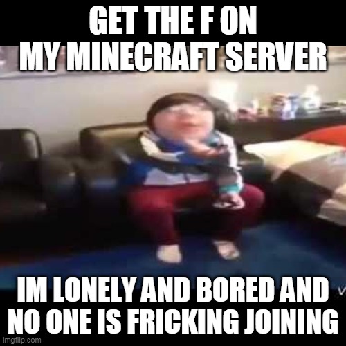 get the ff on my minecraft server | GET THE F ON MY MINECRAFT SERVER; IM LONELY AND BORED AND NO ONE IS FRICKING JOINING | image tagged in minecraft,troll,sudo | made w/ Imgflip meme maker