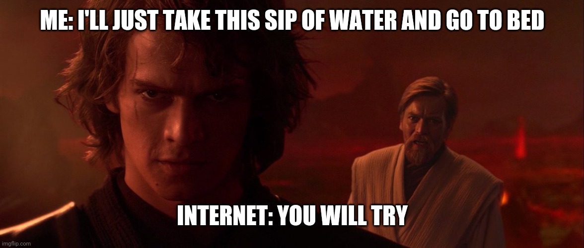 My routine | ME: I'LL JUST TAKE THIS SIP OF WATER AND GO TO BED; INTERNET: YOU WILL TRY | image tagged in you will try,star wars,anakin skywalker,obi wan kenobi,you were the chosen one star wars | made w/ Imgflip meme maker