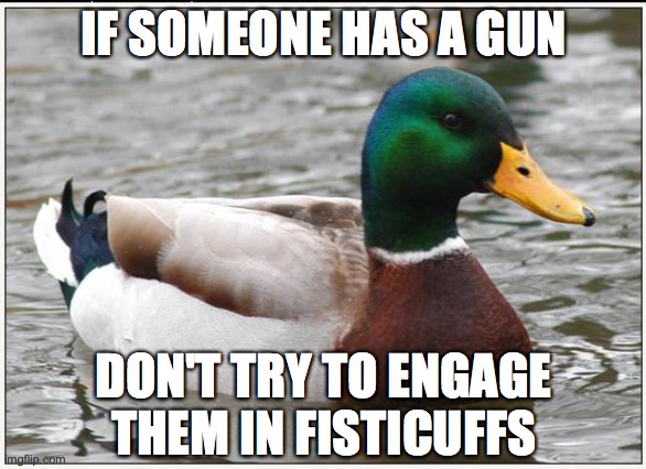 Actual Advice Mallard Meme | IF SOMEONE HAS A GUN; DON'T TRY TO ENGAGE THEM IN FISTICUFFS | image tagged in memes,actual advice mallard | made w/ Imgflip meme maker