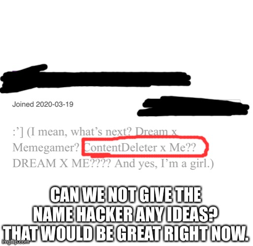 I want to self destruct now | CAN WE NOT GIVE THE NAME HACKER ANY IDEAS? THAT WOULD BE GREAT RIGHT NOW. | image tagged in kill me now,why are you like this,bruh moment | made w/ Imgflip meme maker