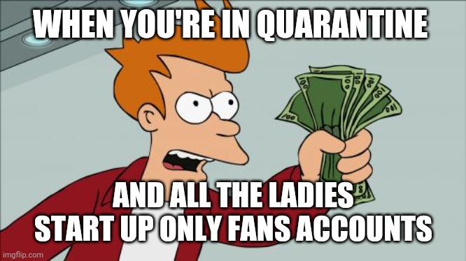 Shut Up And Take My Money Fry Meme | WHEN YOU'RE IN QUARANTINE; AND ALL THE LADIES START UP ONLY FANS ACCOUNTS | image tagged in memes,shut up and take my money fry | made w/ Imgflip meme maker