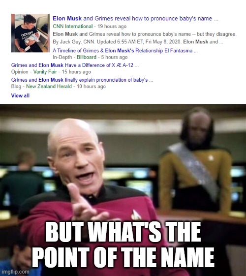 srsly elon musk | BUT WHAT'S THE POINT OF THE NAME | image tagged in memes,picard wtf,elon musk,baby | made w/ Imgflip meme maker