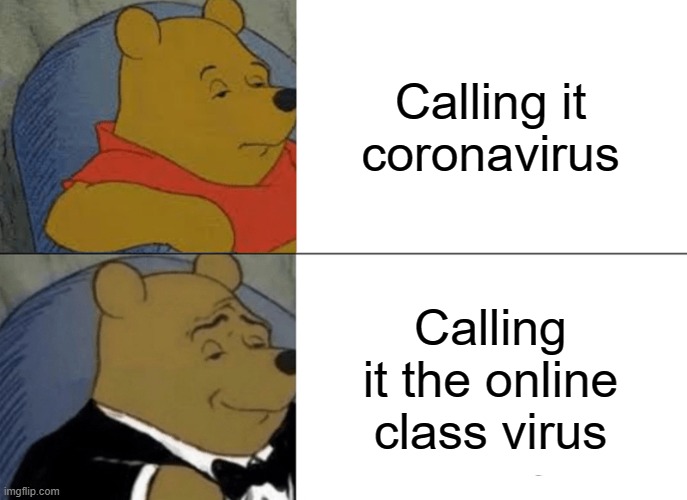 yes | Calling it coronavirus; Calling it the online class virus | image tagged in memes,tuxedo winnie the pooh | made w/ Imgflip meme maker