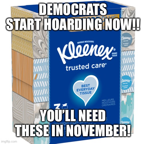 Democrats need Kleenex in November | DEMOCRATS START HOARDING NOW!! YOU’LL NEED THESE IN NOVEMBER! | image tagged in democrats,election 2020,hoarding,kleenex,biden,trump | made w/ Imgflip meme maker