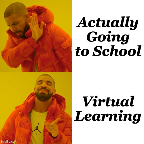 School Be Like: | Actually Going to School; Virtual Learning | image tagged in memes,drake hotline bling,school,virtual | made w/ Imgflip meme maker