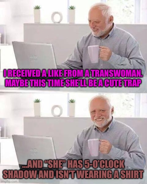 Hide the Pain Harold | I RECEIVED A LIKE FROM A TRANSWOMAN. MAYBE THIS TIME SHE’LL BE A CUTE TRAP; ...AND “SHE” HAS 5-O’CLOCK SHADOW AND ISN’T WEARING A SHIRT | image tagged in memes,hide the pain harold,transgender,dating,facial hair,traps | made w/ Imgflip meme maker